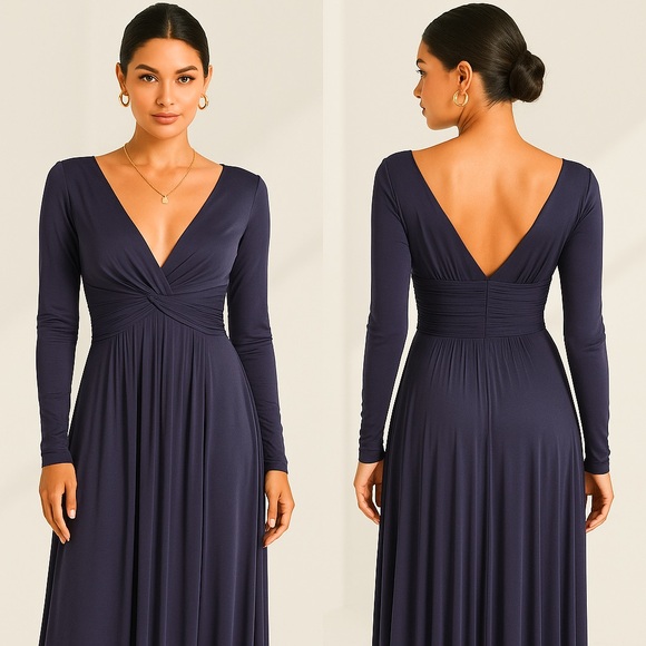 BCBG Maxazria long sleeve plunging neckline empire waist evening gown/ maxi - Picture 2 of 11